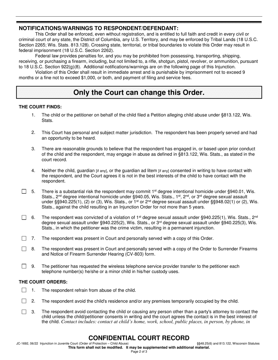 Form JC-1692 Injunction in Juvenile Court - Child Abuse - Wisconsin, Page 2