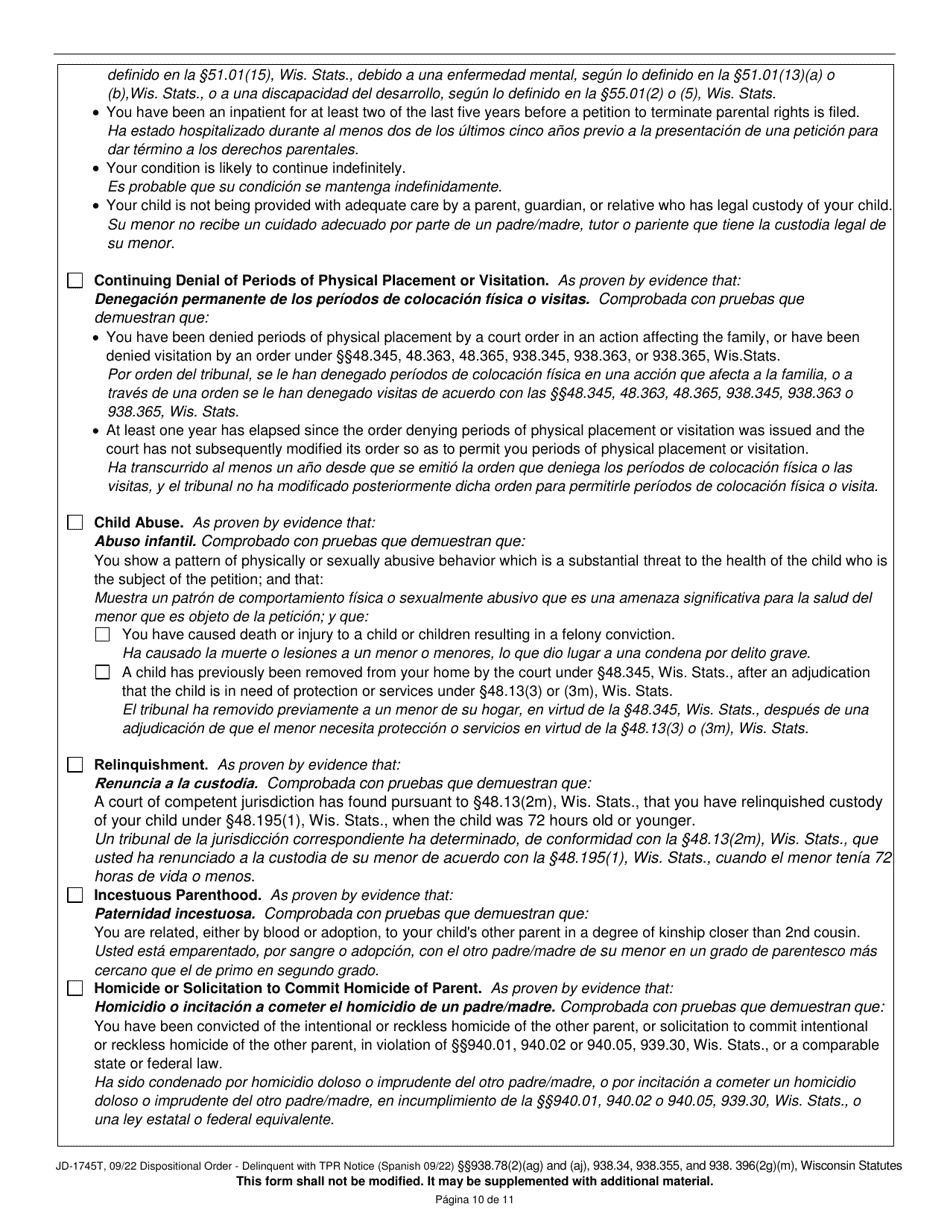 Form JD-1745T Dispositional Order - Delinquent With Termination of Parental Rights Notice - Wisconsin (English / Spanish), Page 10