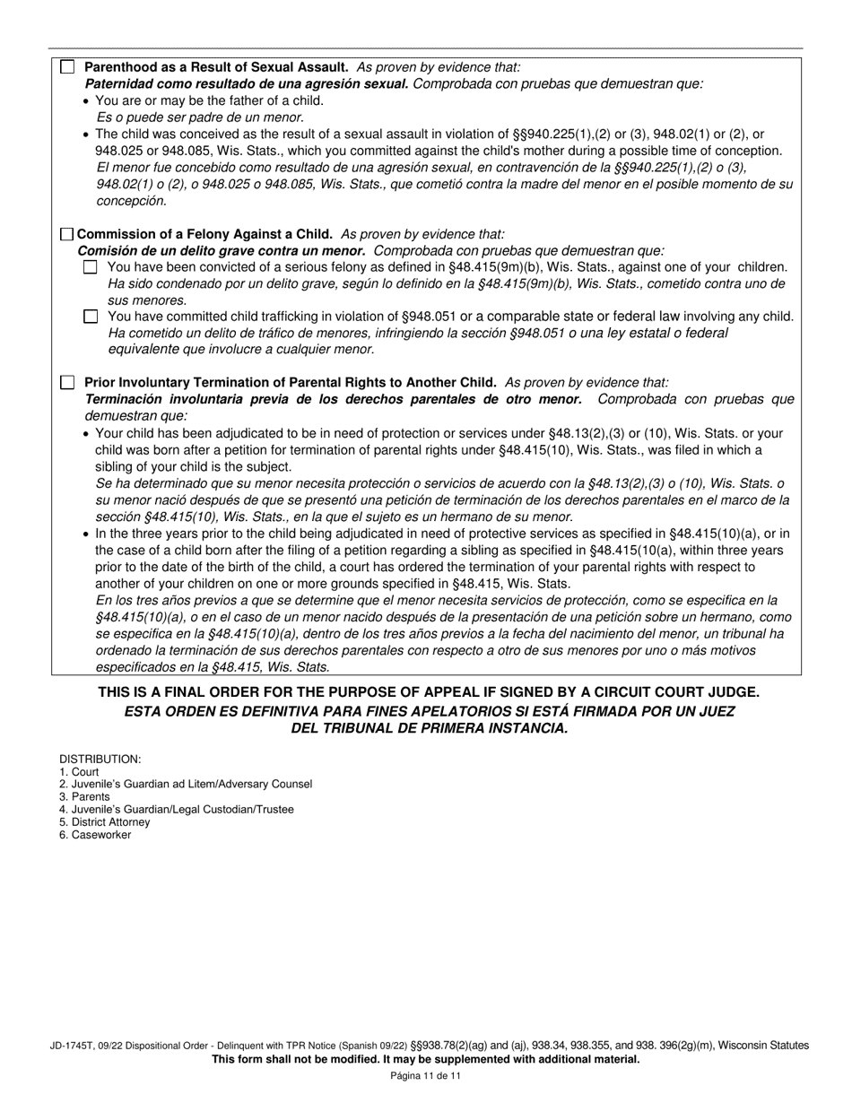 Form JD-1745T Dispositional Order - Delinquent With Termination of Parental Rights Notice - Wisconsin (English / Spanish), Page 11