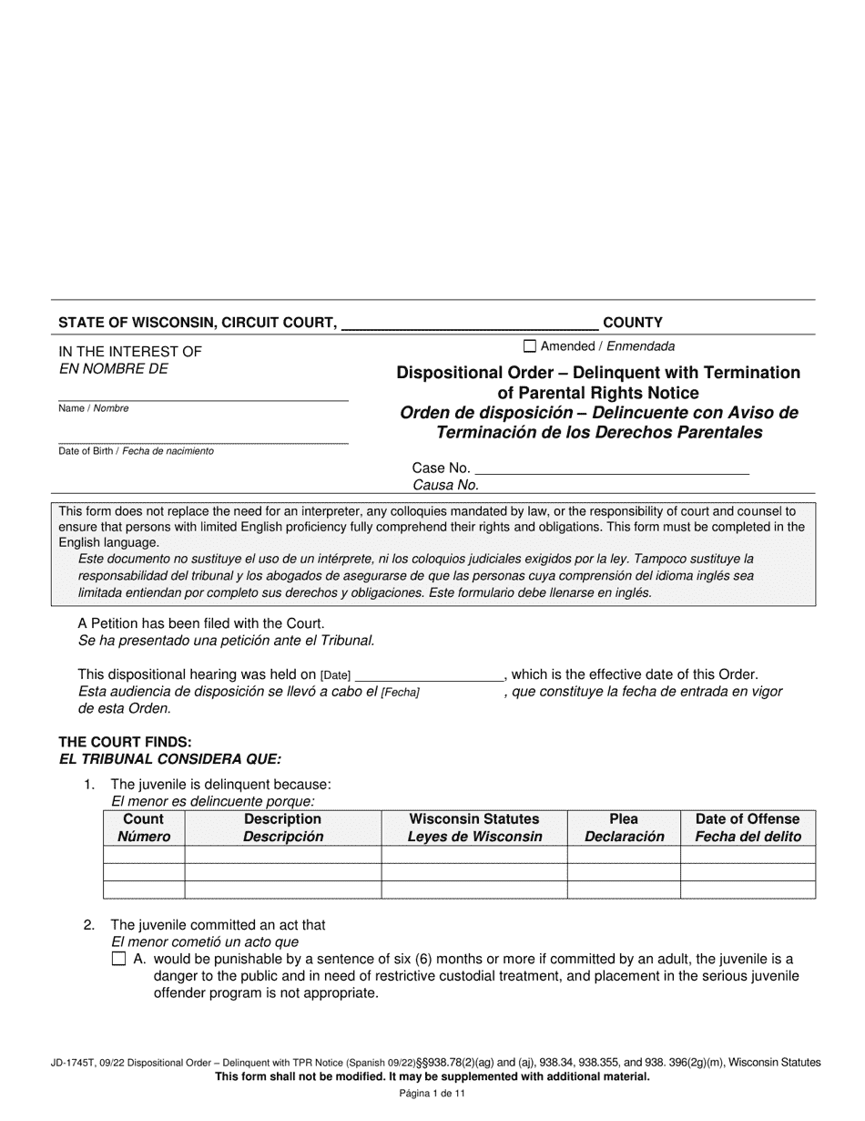 Form JD-1745T Dispositional Order - Delinquent With Termination of Parental Rights Notice - Wisconsin (English / Spanish), Page 1