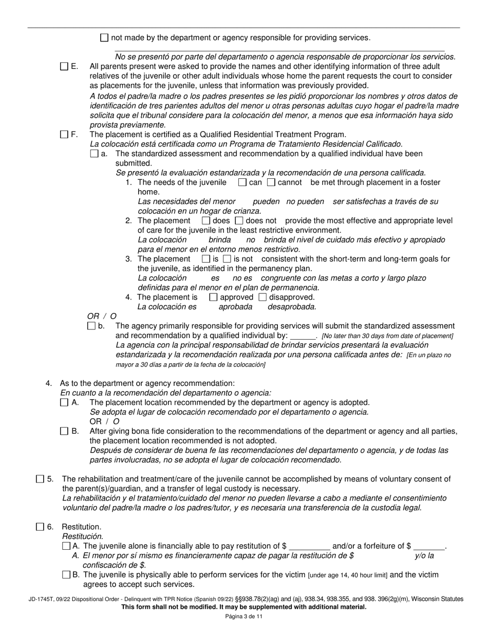 Form JD-1745T Dispositional Order - Delinquent With Termination of Parental Rights Notice - Wisconsin (English / Spanish), Page 3