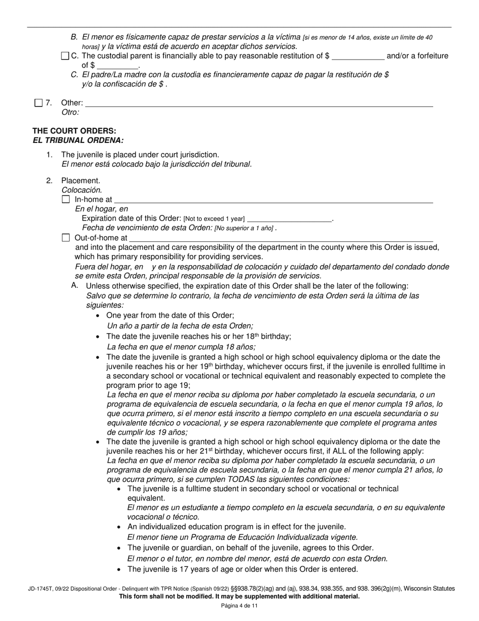 Form JD-1745T Dispositional Order - Delinquent With Termination of Parental Rights Notice - Wisconsin (English / Spanish), Page 4