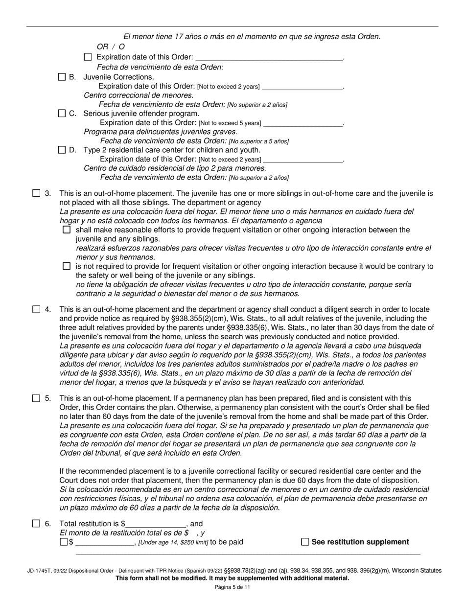 Form JD-1745T Dispositional Order - Delinquent With Termination of Parental Rights Notice - Wisconsin (English / Spanish), Page 5