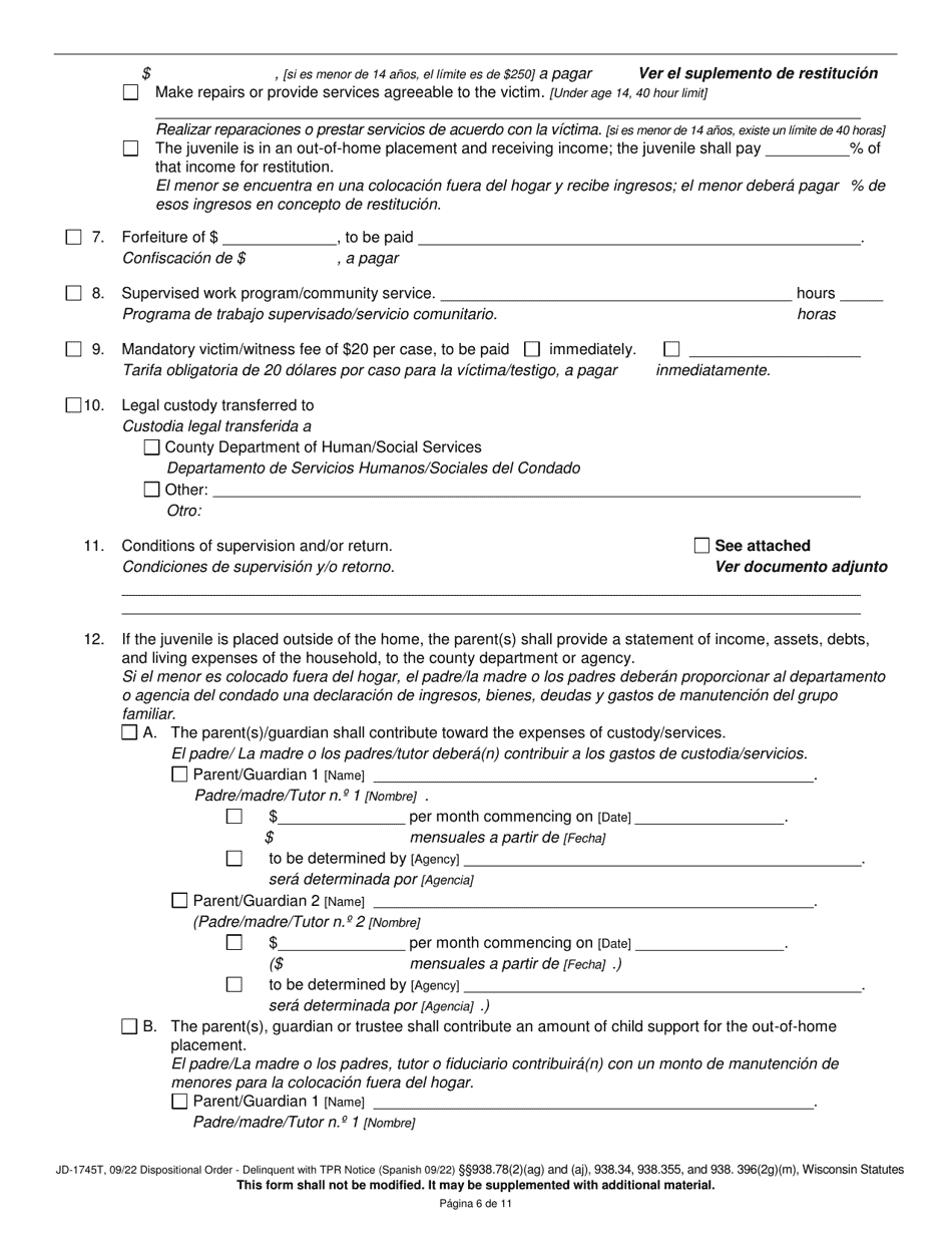 Form JD-1745T Dispositional Order - Delinquent With Termination of Parental Rights Notice - Wisconsin (English / Spanish), Page 6