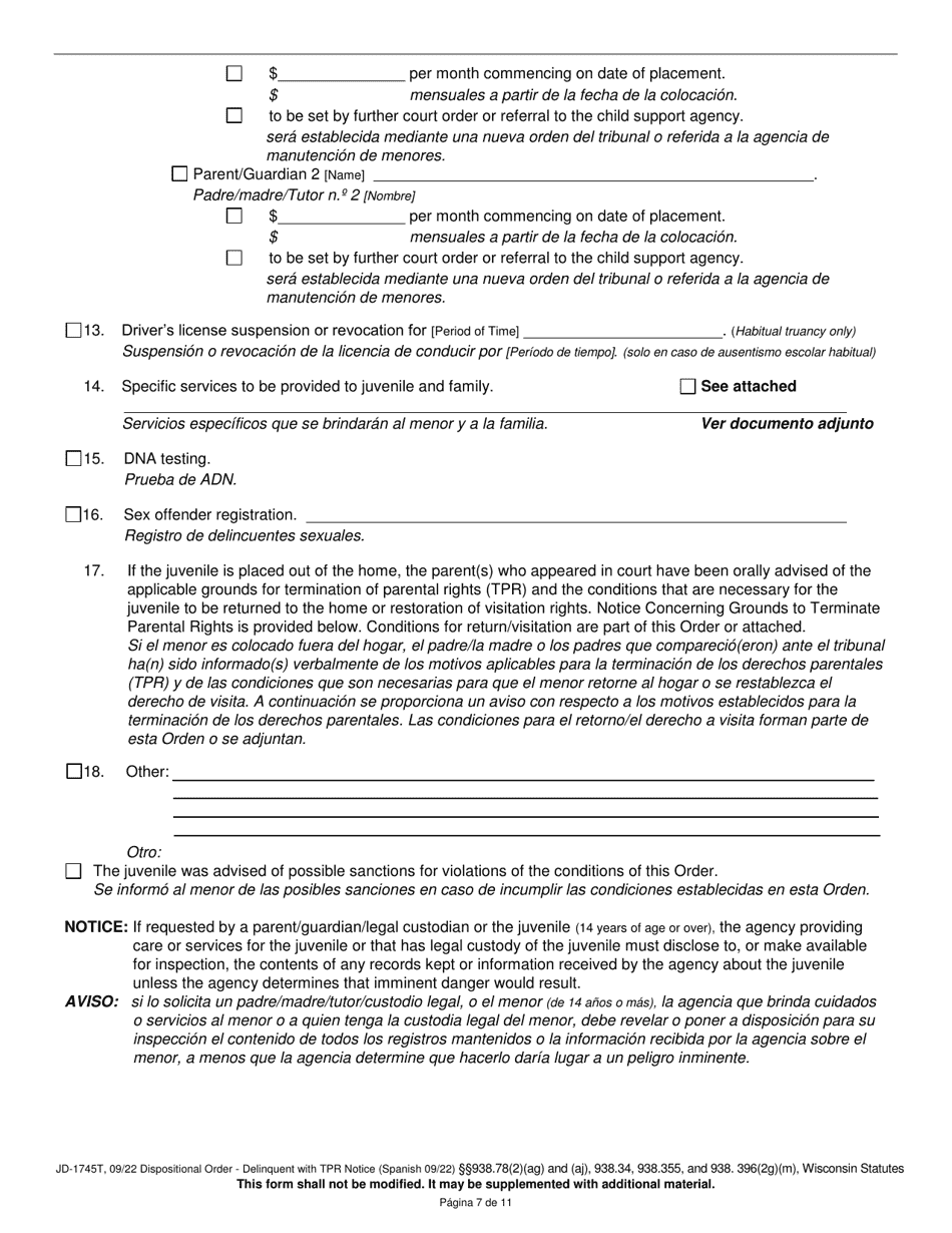 Form JD-1745T Dispositional Order - Delinquent With Termination of Parental Rights Notice - Wisconsin (English / Spanish), Page 7