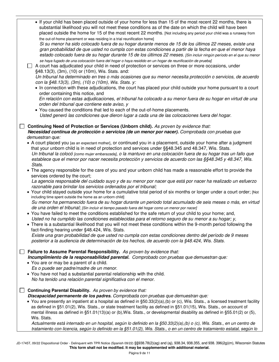 Form JD-1745T Dispositional Order - Delinquent With Termination of Parental Rights Notice - Wisconsin (English / Spanish), Page 9
