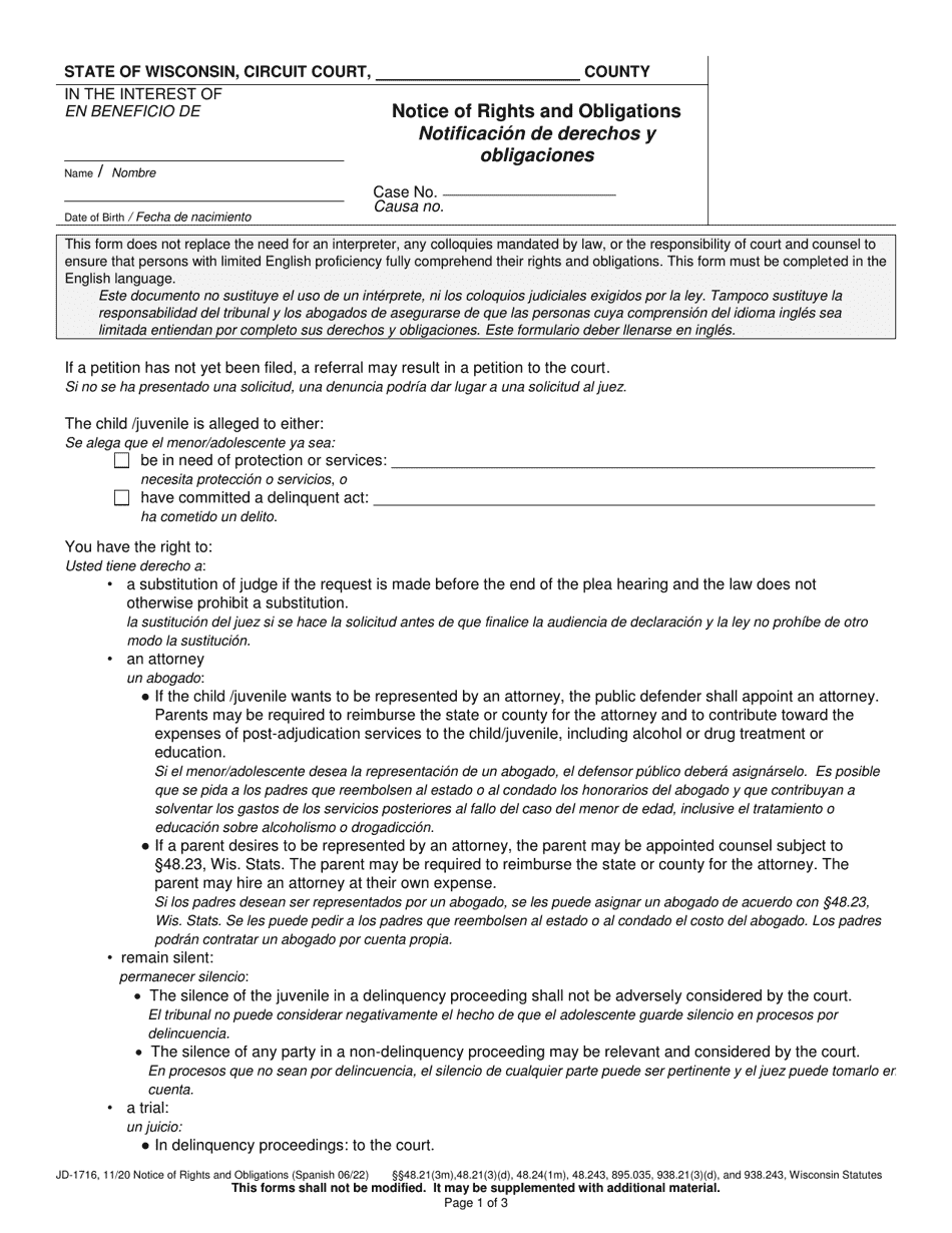 Form JD-1716 Notice of Rights and Obligations - Wisconsin (English / Spanish), Page 1