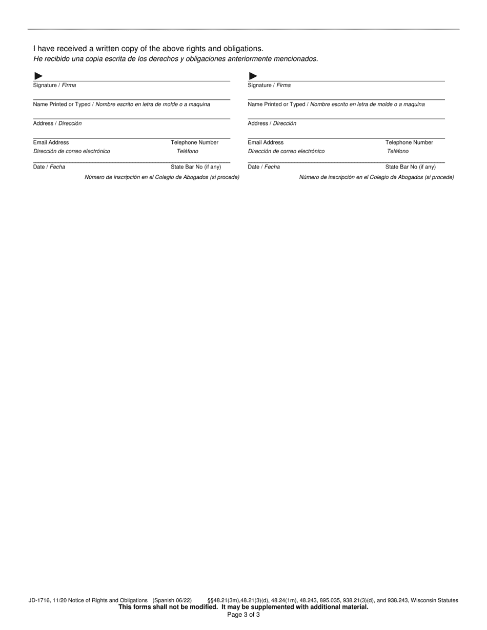 Form JD-1716 Notice of Rights and Obligations - Wisconsin (English / Spanish), Page 3