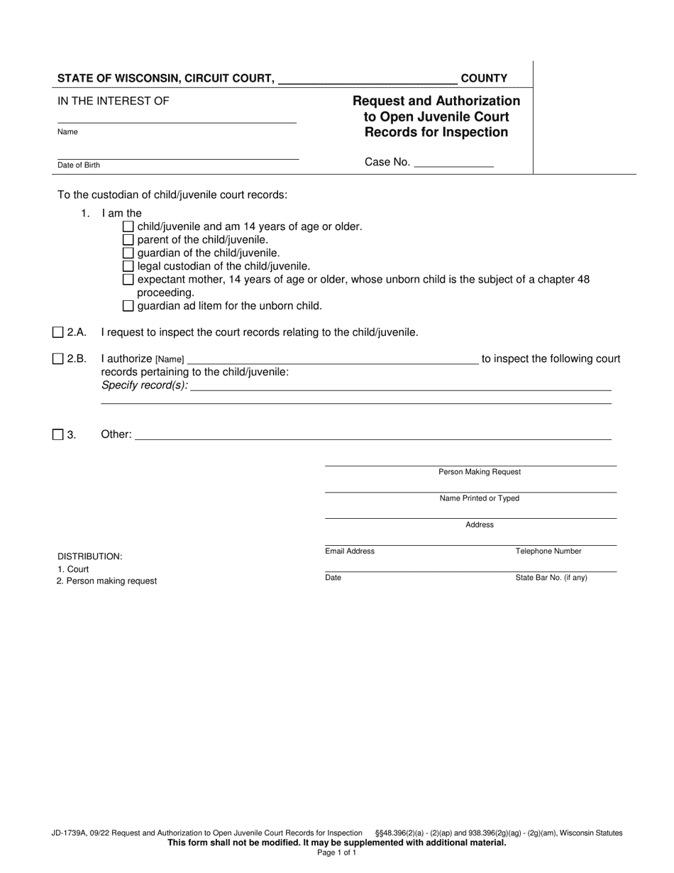 Form JD-1739A Request and Authorization to Open Juvenile Court Records for Inspection - Wisconsin, Page 1