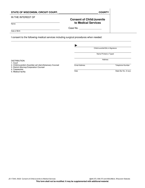 Form JD-1734A Consent of Child/Juvenile to Medical Services - Wisconsin