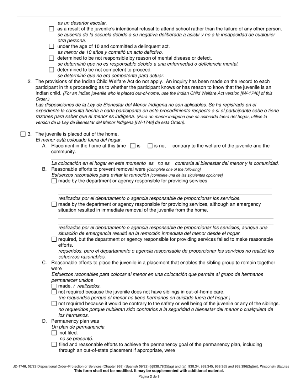 Form JD-1746 Dispositional Order - Protection or Services (Chapter 938) - Wisconsin (English / Spanish), Page 2
