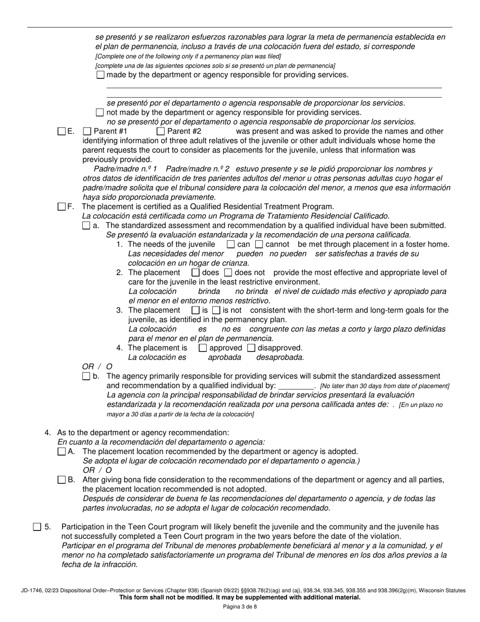 Form JD-1746 Dispositional Order - Protection or Services (Chapter 938) - Wisconsin (English / Spanish), Page 3