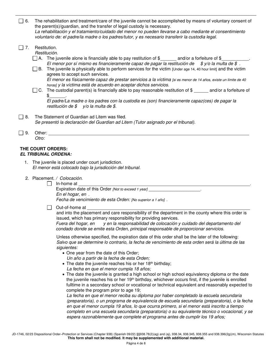 Form JD-1746 Dispositional Order - Protection or Services (Chapter 938) - Wisconsin (English / Spanish), Page 4