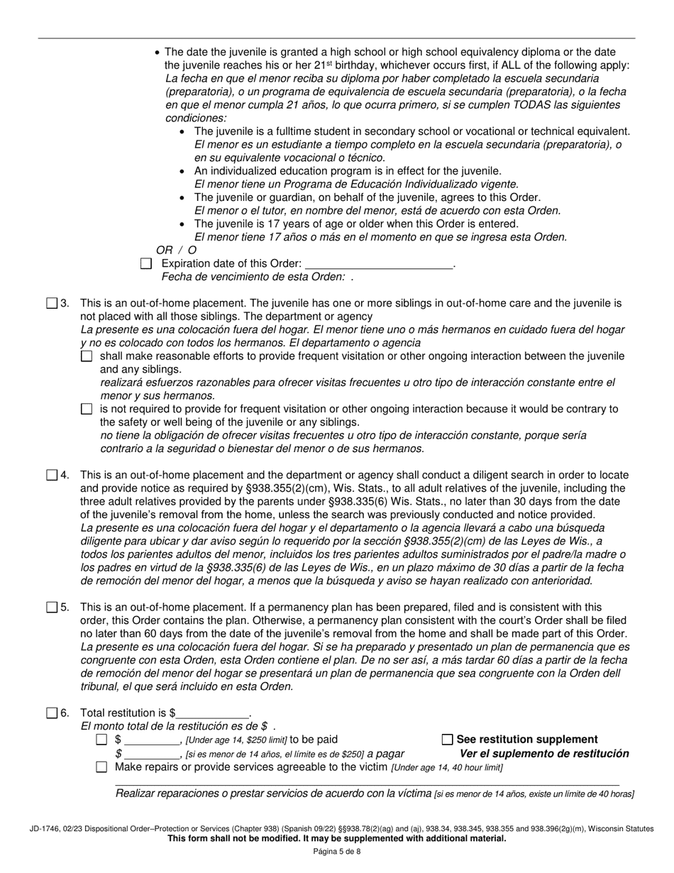 Form JD-1746 Dispositional Order - Protection or Services (Chapter 938) - Wisconsin (English / Spanish), Page 5