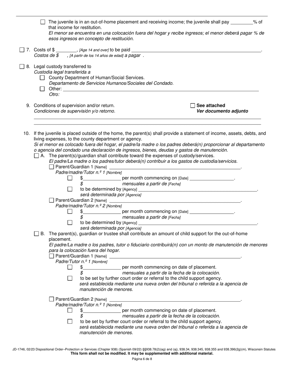 Form JD-1746 Dispositional Order - Protection or Services (Chapter 938) - Wisconsin (English / Spanish), Page 6