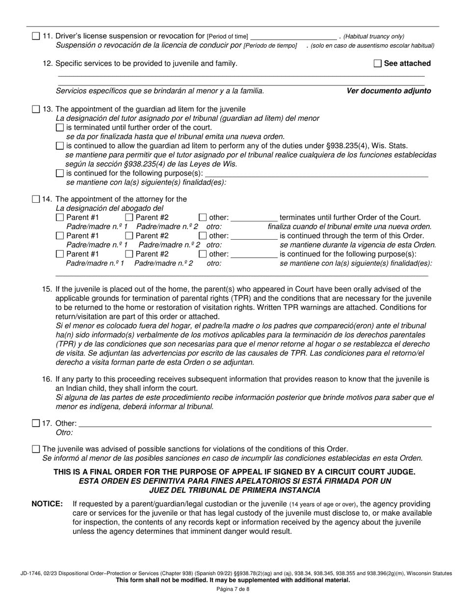 Form JD-1746 Dispositional Order - Protection or Services (Chapter 938) - Wisconsin (English / Spanish), Page 7