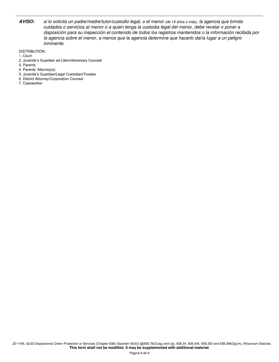 Form JD-1746 Dispositional Order - Protection or Services (Chapter 938) - Wisconsin (English / Spanish), Page 8
