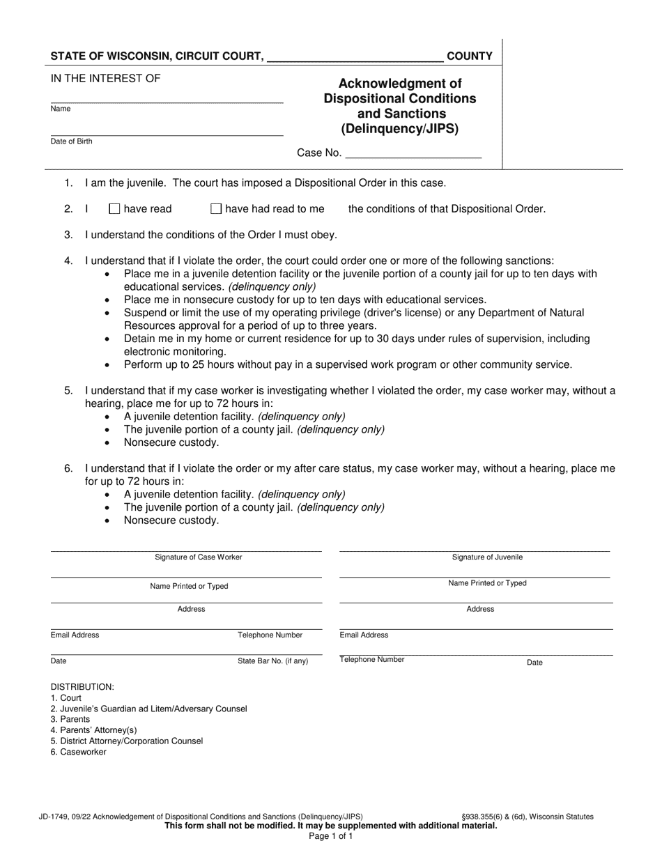 Form JD-1749 Acknowledgment of Dispositional Conditions and Sanctions (Delinquency / Jips) - Wisconsin, Page 1