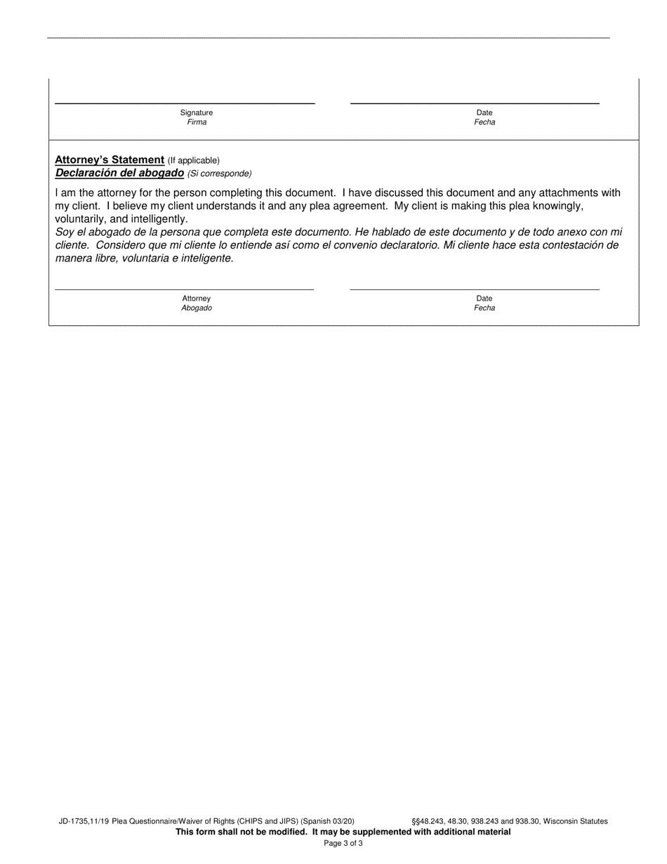 Form JD-1735 Plea Questionnaire / Waiver of Rights (Chips and Jips) - Wisconsin (English / Spanish), Page 3