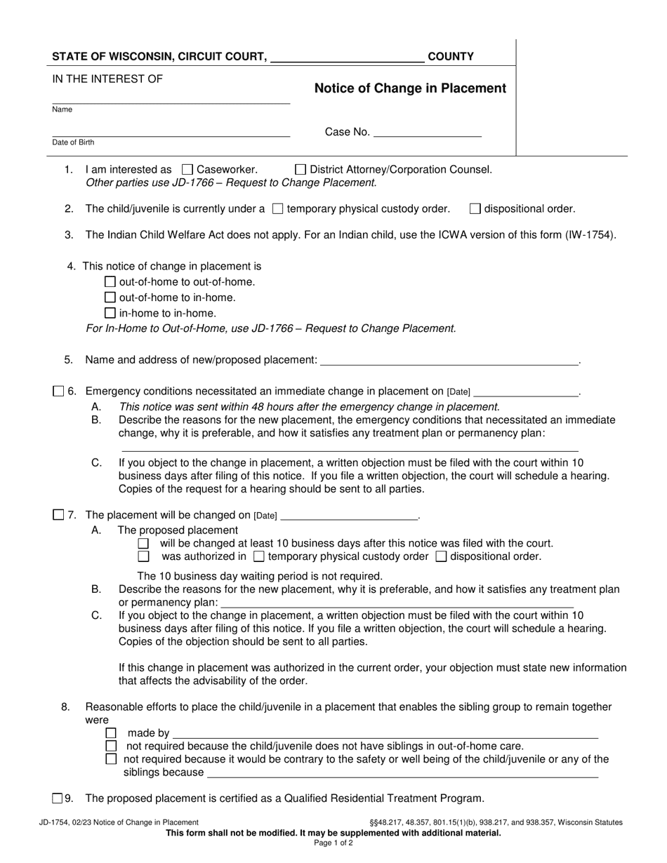 Form JD-1754 Download Printable PDF or Fill Online Notice of Change in ...