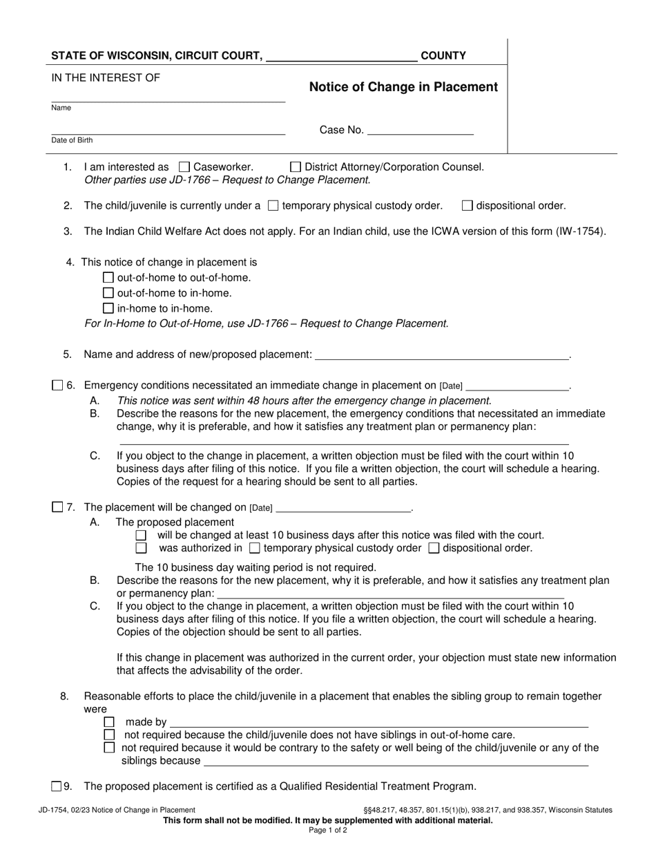 Form JD-1754 Notice of Change in Placement - Wisconsin, Page 1