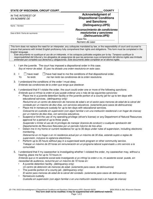 Form JD-1749 Acknowledgment of Dispositional Conditions and Sanctions (Delinquency/Jips) - Wisconsin (English/Spanish)