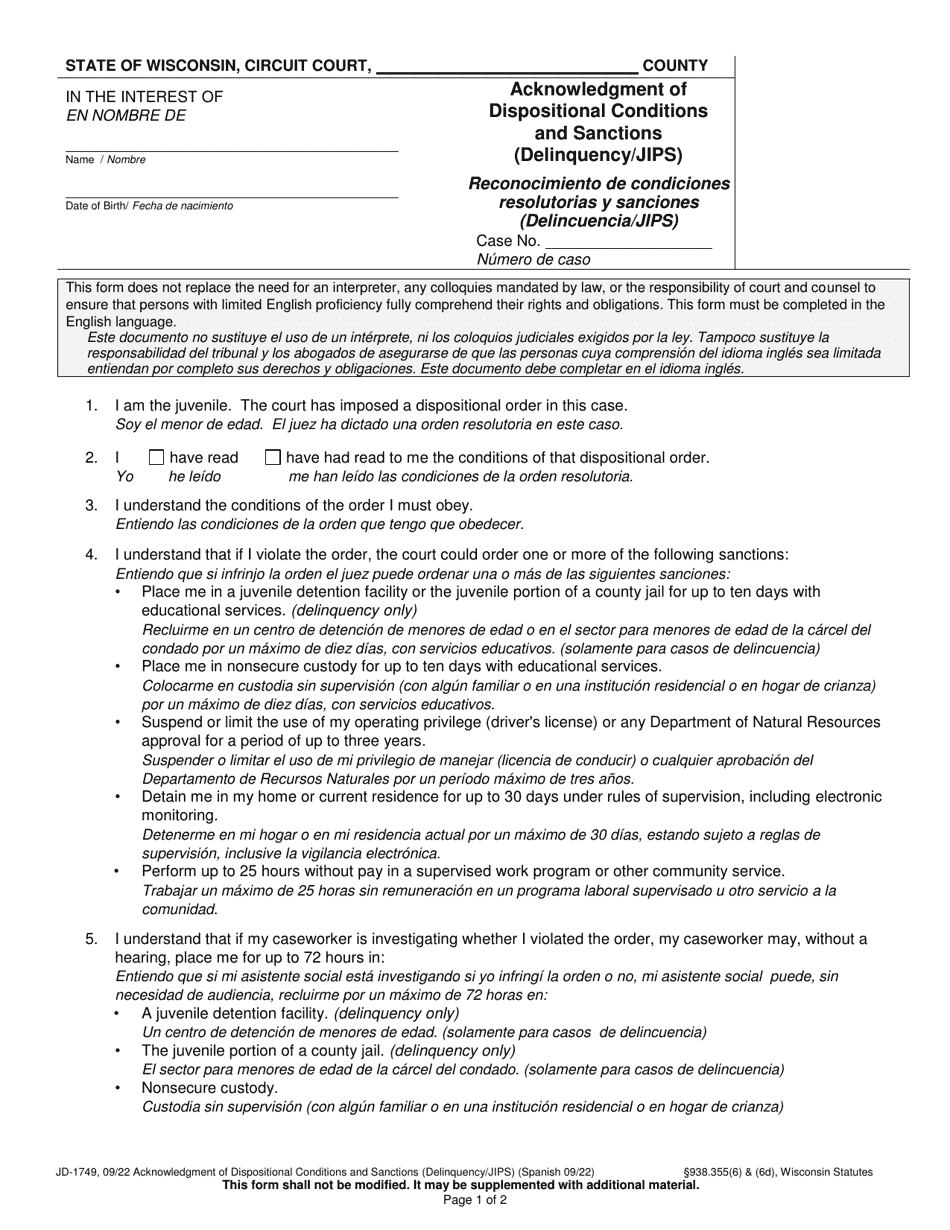Form JD-1749 Acknowledgment of Dispositional Conditions and Sanctions (Delinquency / Jips) - Wisconsin (English / Spanish), Page 1