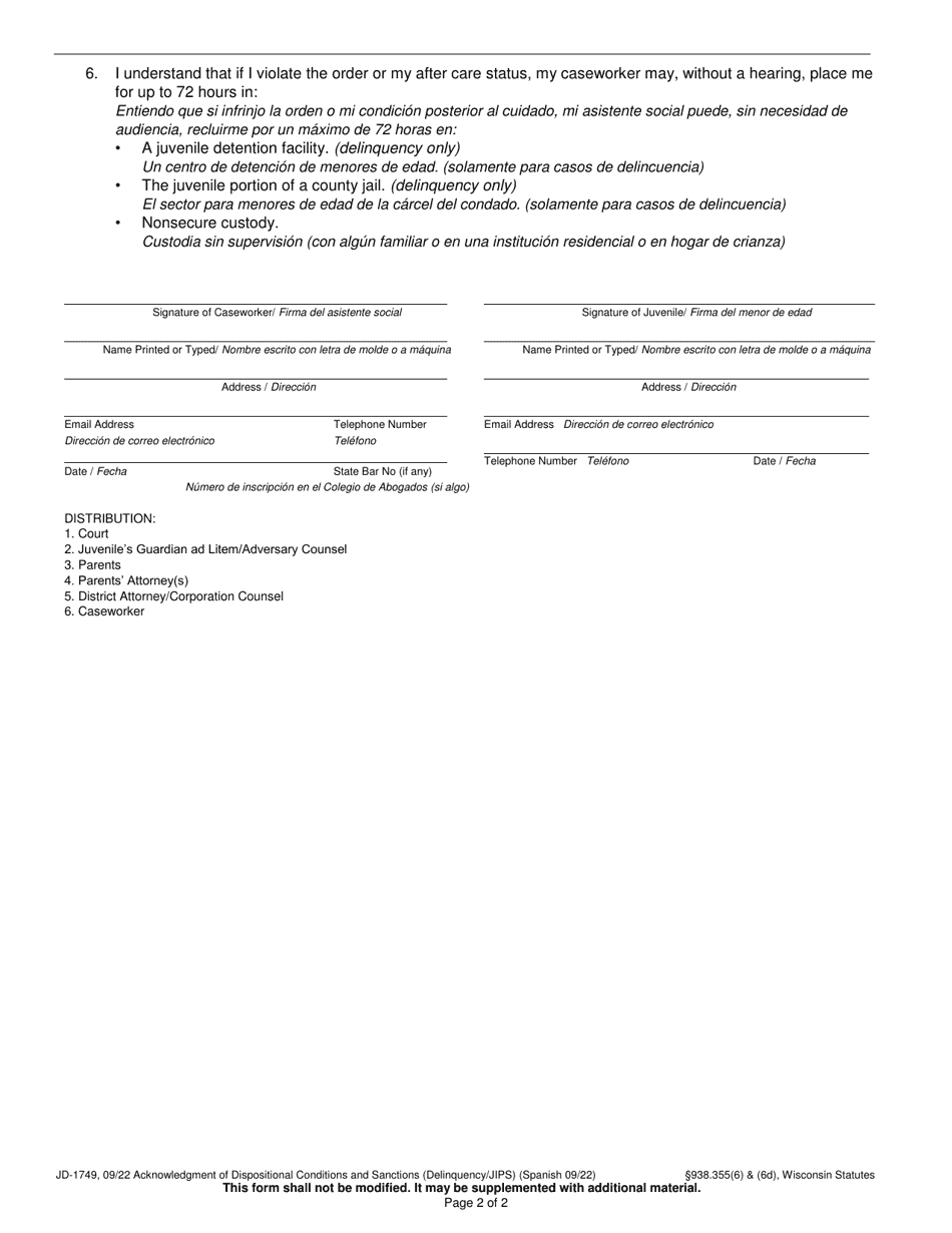 Form JD-1749 Acknowledgment of Dispositional Conditions and Sanctions (Delinquency / Jips) - Wisconsin (English / Spanish), Page 2