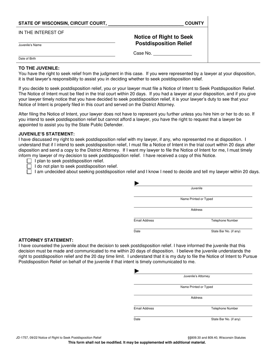 Form JD-1757 Notice of Right to Seek Postdisposition Relief - Wisconsin, Page 1