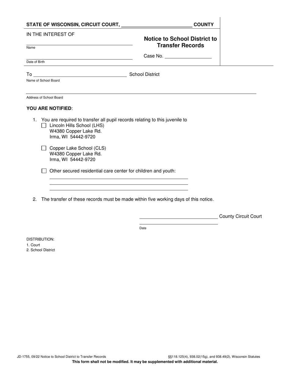 Form JD-1755 Notice to School District to Transfer Records - Wisconsin, Page 1