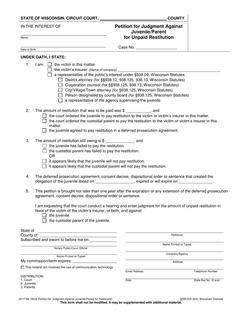 Form JD-1759 Petition for Judgment Against Juvenile/Parent for Unpaid Restitution - Wisconsin