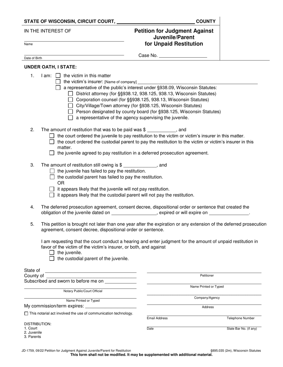 Form JD-1759 Petition for Judgment Against Juvenile / Parent for Unpaid Restitution - Wisconsin, Page 1