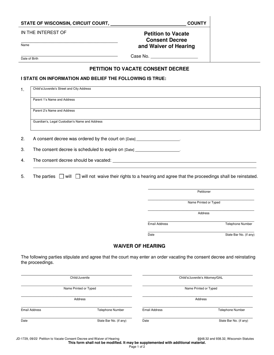 Form JD-1729 Petition to Vacate Consent Decree and Waiver of Hearing - Wisconsin, Page 1