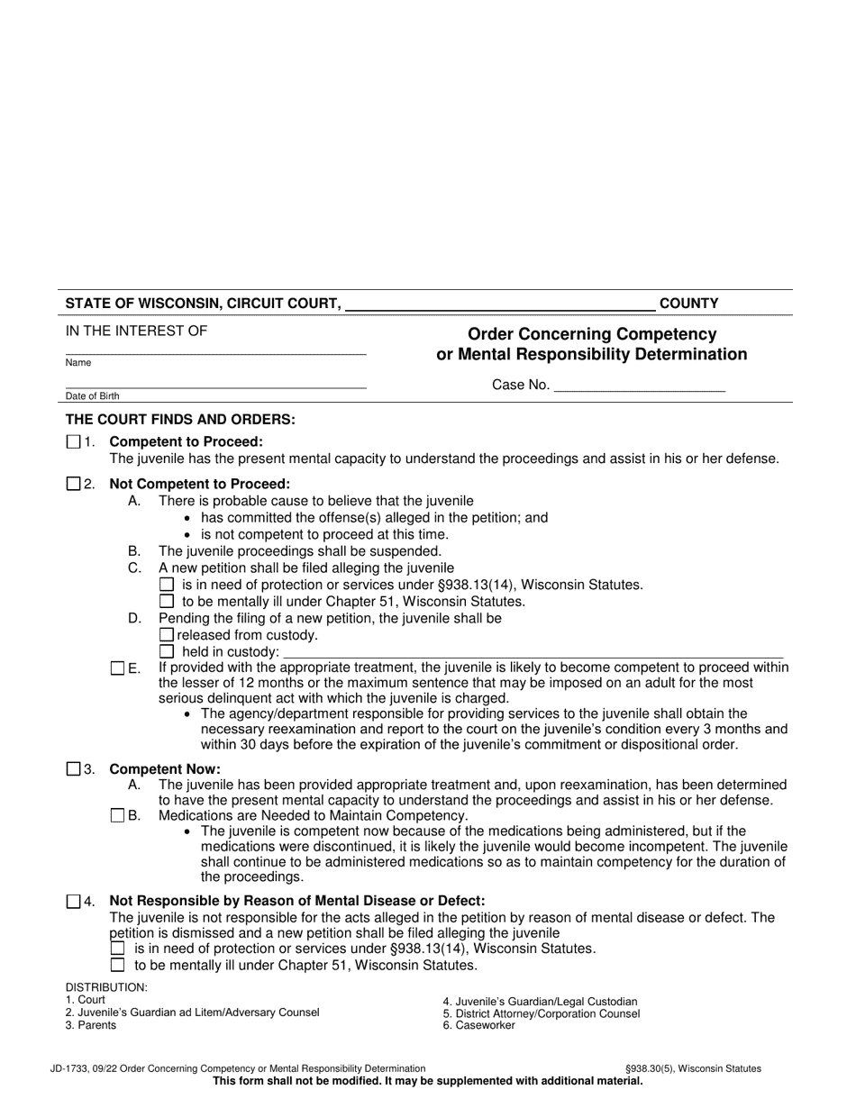 Form JD-1733 Order Concerning Competency or Mental Responsibility Determination - Wisconsin, Page 1