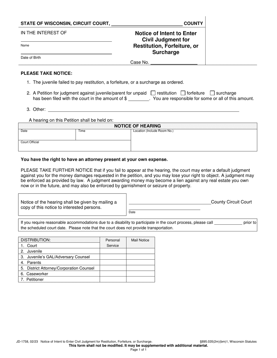 Form JD-1758 Notice of Intent to Enter Civil Judgment for Restitution, Forfeiture, or Surcharge - Wisconsin, Page 1