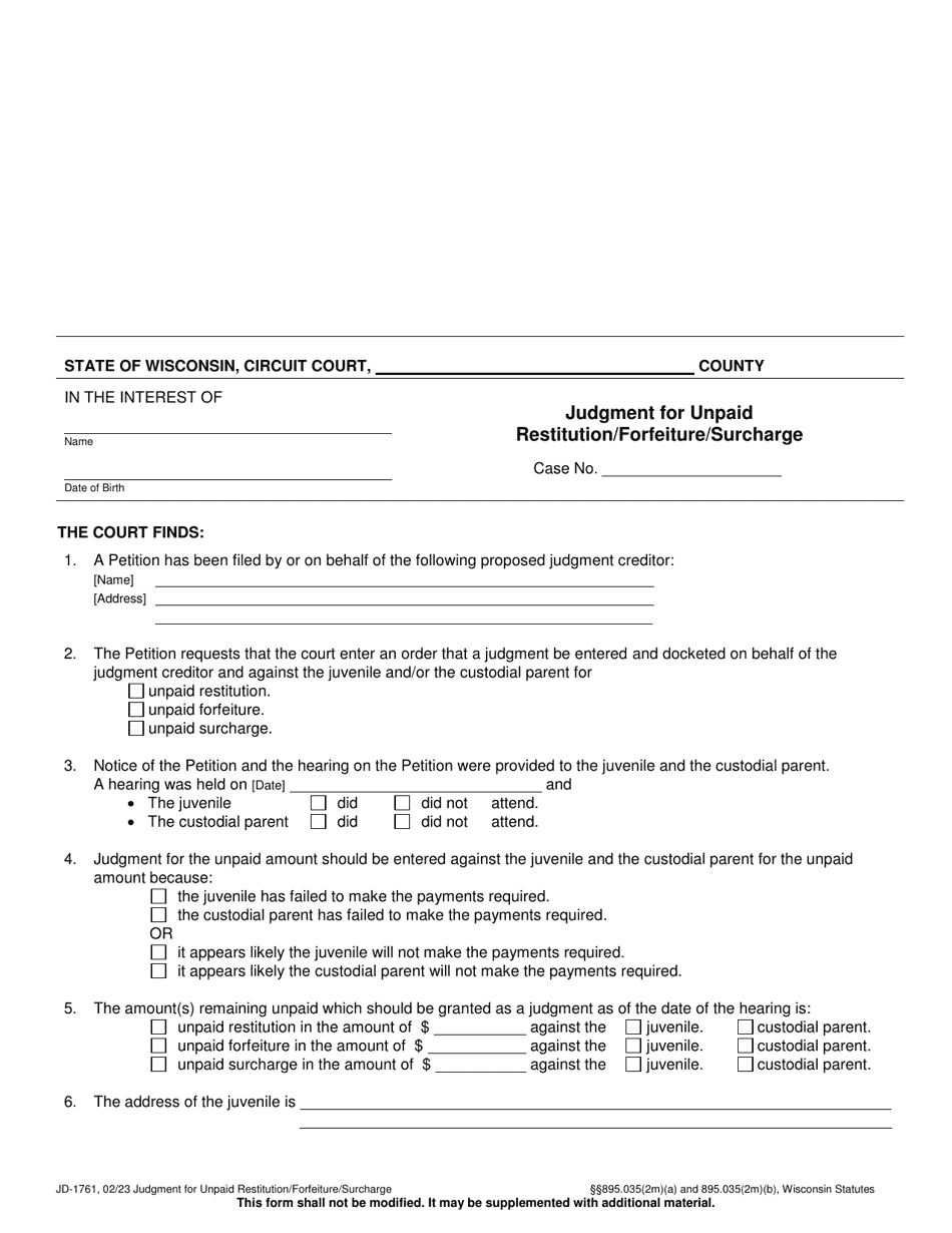 Form JD-1761 Judgment for Unpaid Restitution / Forfeiture / Surcharge - Wisconsin, Page 1