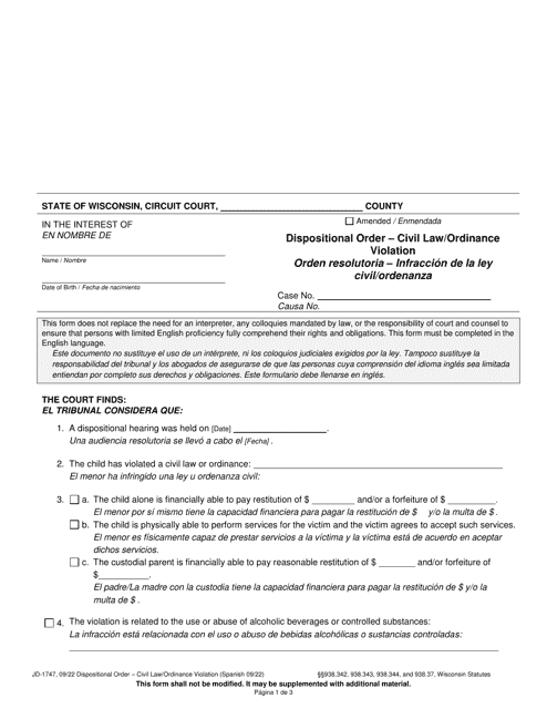 Form JD-1747 Dispositional Order - Civil Law/Ordinance Violation - Wisconsin (English/Spanish)