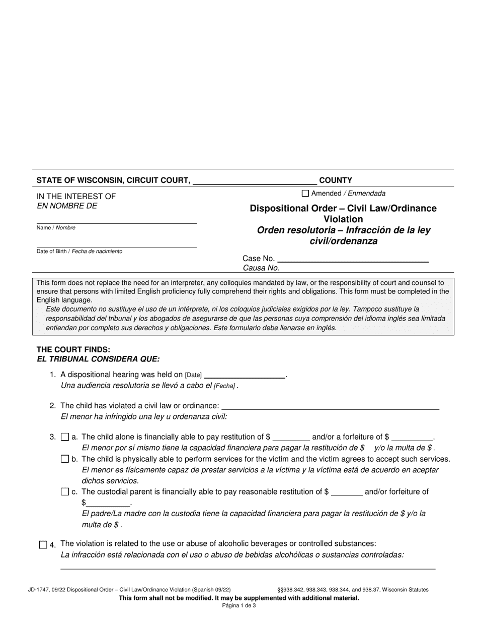 Form JD-1747 Dispositional Order - Civil Law / Ordinance Violation - Wisconsin (English / Spanish), Page 1