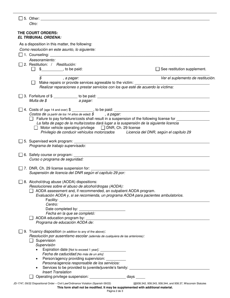 Form JD-1747 Dispositional Order - Civil Law / Ordinance Violation - Wisconsin (English / Spanish), Page 2