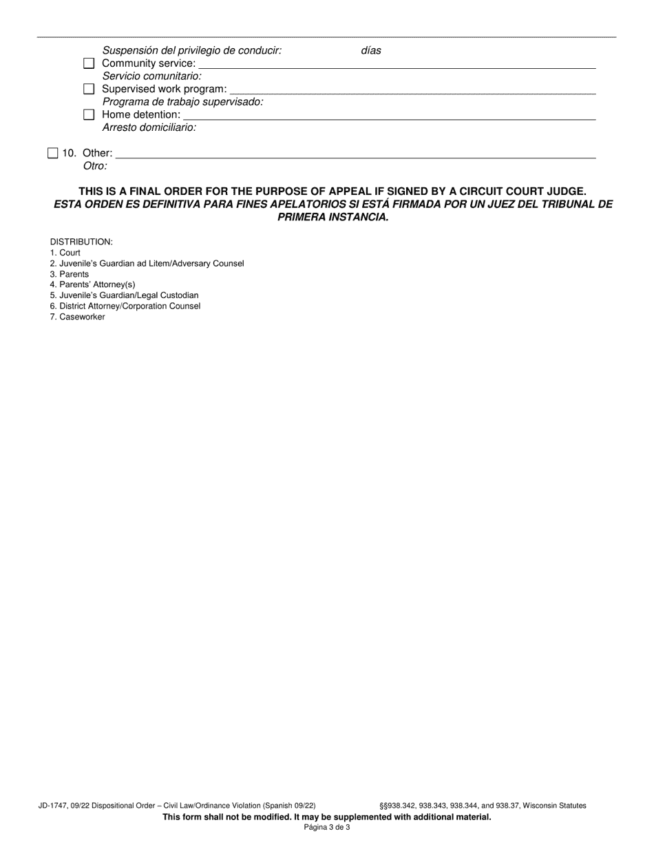Form JD-1747 Dispositional Order - Civil Law / Ordinance Violation - Wisconsin (English / Spanish), Page 3