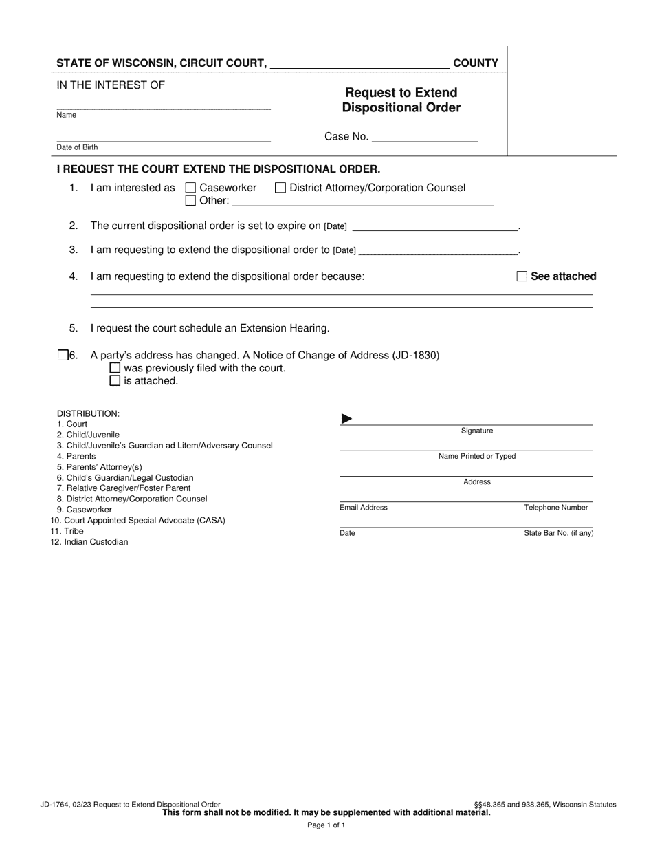 Form JD-1764 Request to Extend Dispositional Order - Wisconsin, Page 1