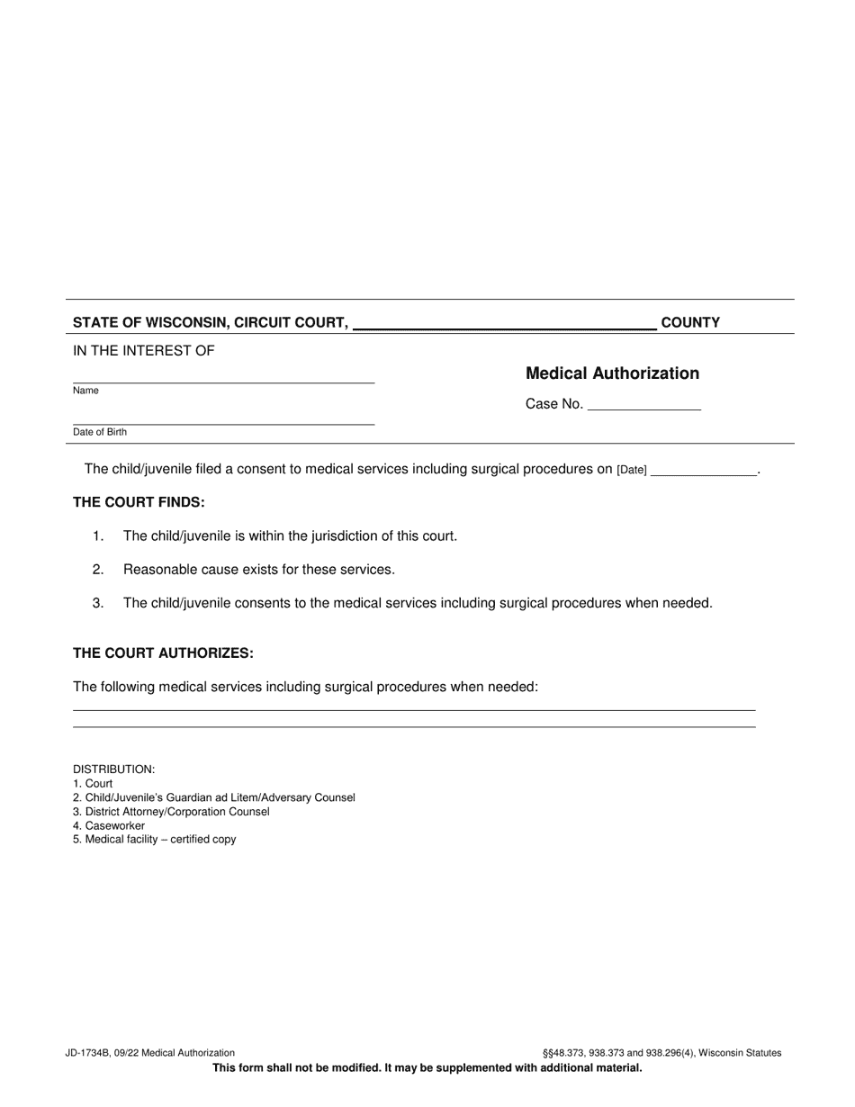Form JD-1734B Medical Authorization - Wisconsin, Page 1