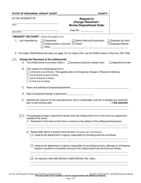Form JD-1766 Request to Change Placement/Revise Dispositional Order - Wisconsin
