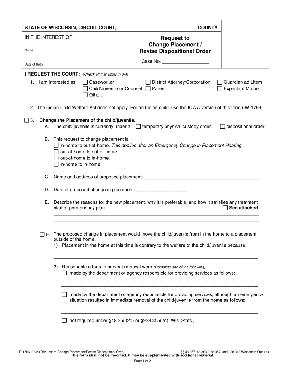 Form JD-1766 Request to Change Placement / Revise Dispositional Order - Wisconsin, Page 1