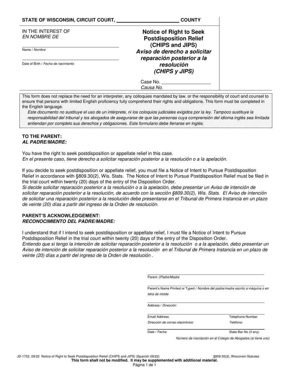Form JD-1752 Notice of Right to Seek Postdisposition Relief (Chips and Jips) - Wisconsin (English / Spanish), Page 1