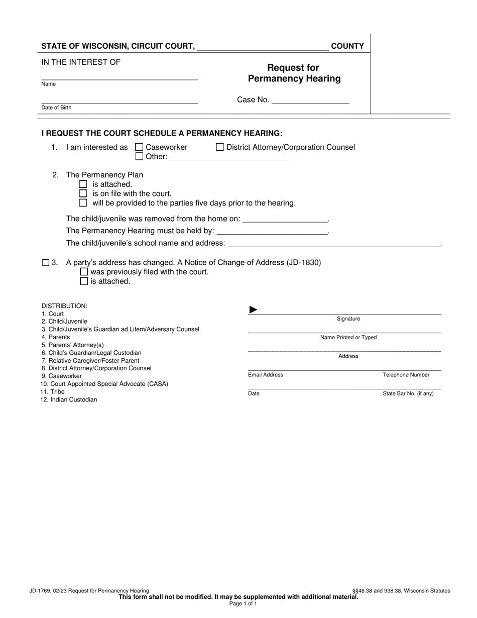 Form JD-1769 Request for Permanency Plan Hearing - Wisconsin, Page 1