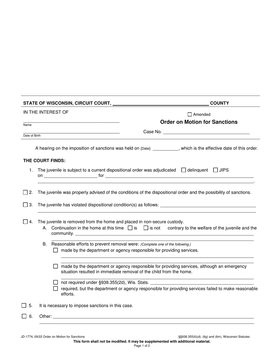Form JD-1774 Order on Motion for Sanctions - Wisconsin, Page 1