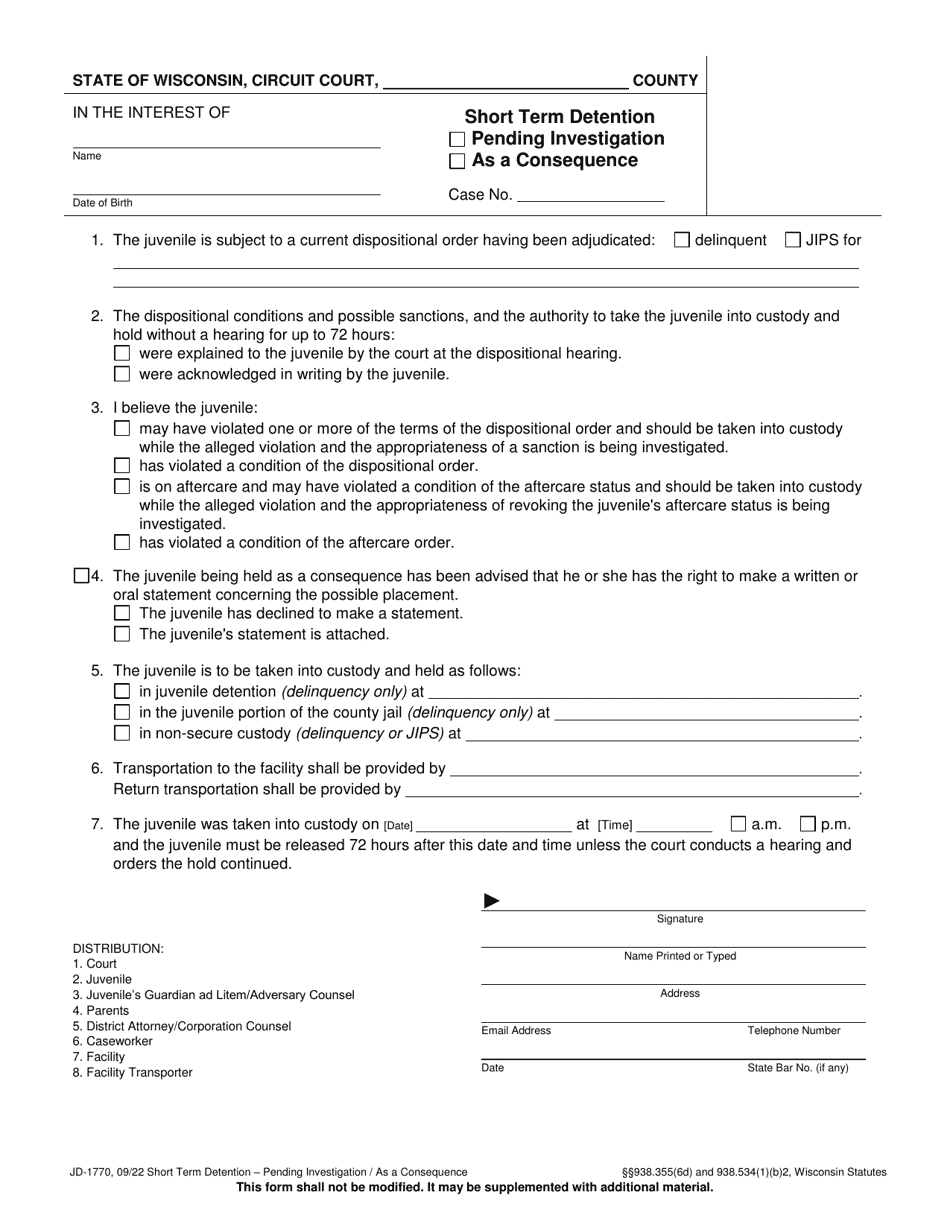 Form JD-1770 Short Term Detention - Pending Investigation / As a Consequence - Wisconsin, Page 1