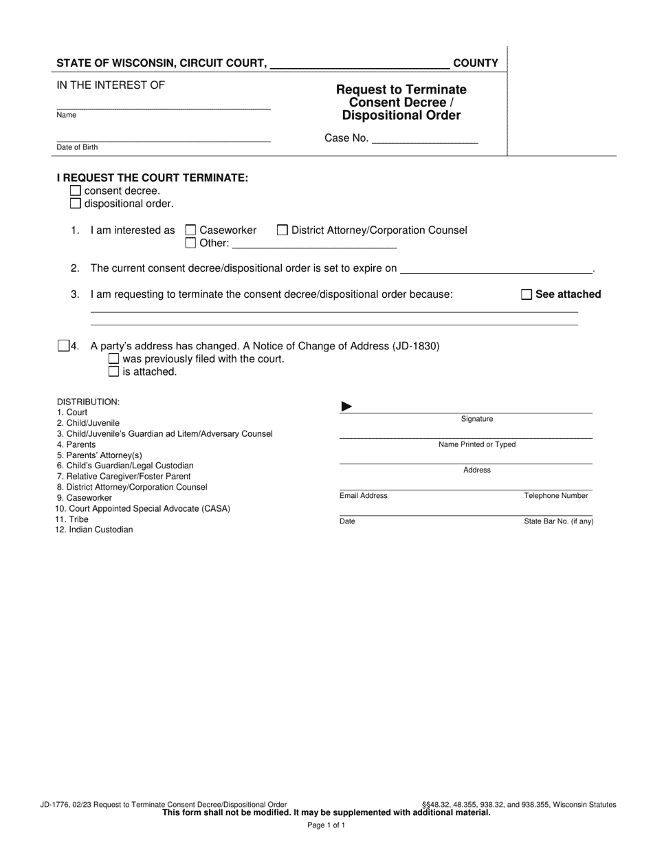 Form JD-1776 Request to Terminate Consent Decree / Dispositional Order - Wisconsin, Page 1