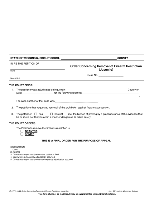 Form JD-1772 Order Concerning Removal of Firearm Restriction (Juvenile) - Wisconsin